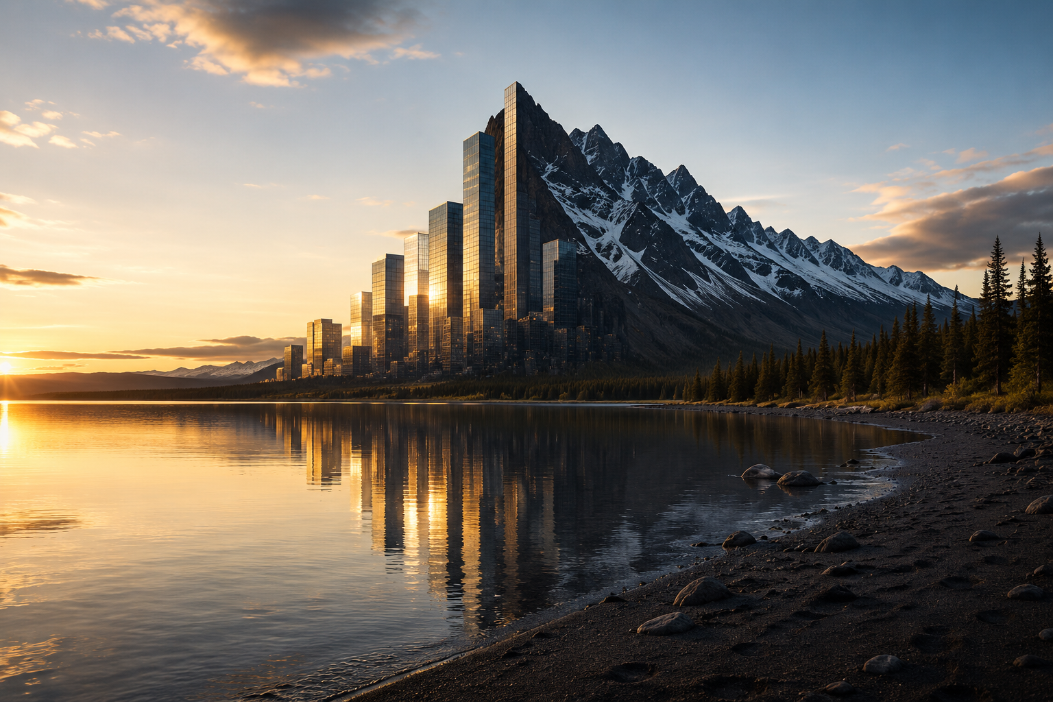 Mountain peaks rising as architectural forms above a calm Pacific Northwest lake at dawn