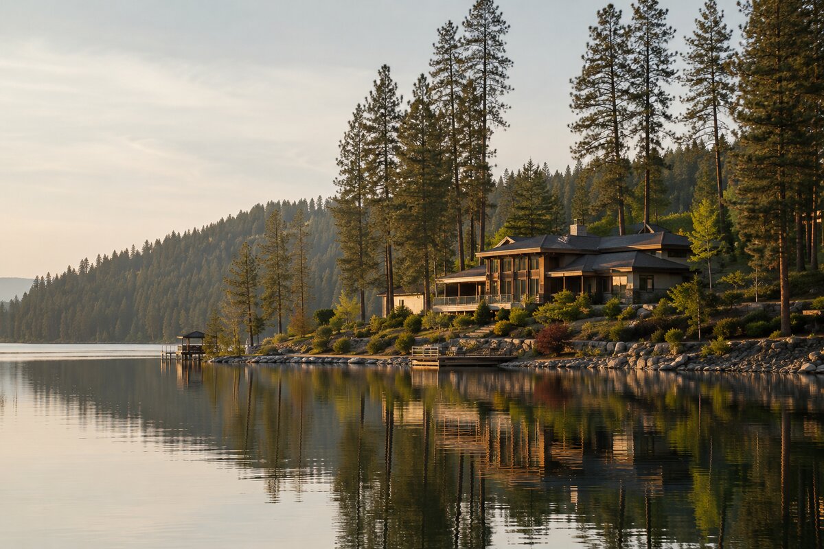 Modern lakeside home set into a forested shoreline in the Pacific Northwest, with calm water reflecting the scene at golden hour